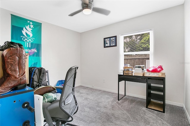 office area featuring ceiling fan and carpet