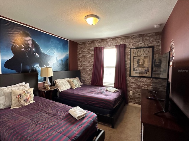 carpeted bedroom with a textured ceiling