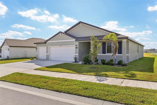 ranch-style home with a front yard and a garage