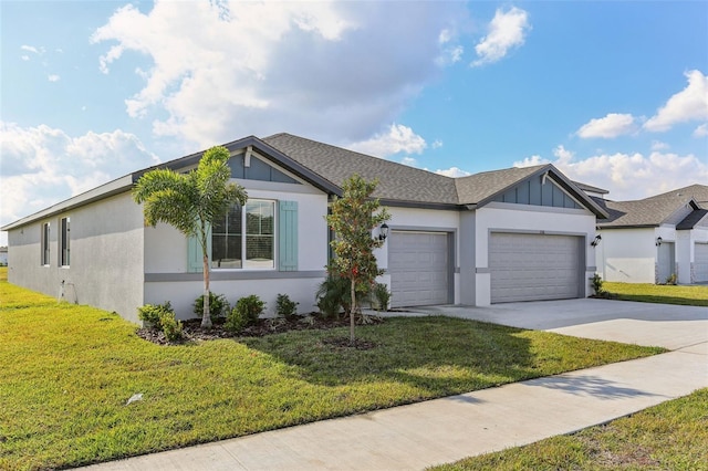 ranch-style house with a front yard and a garage