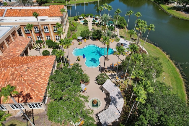 drone / aerial view featuring a water view