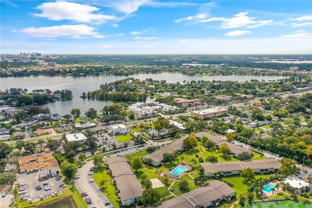 aerial view featuring a water view