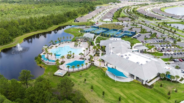 drone / aerial view featuring a water view