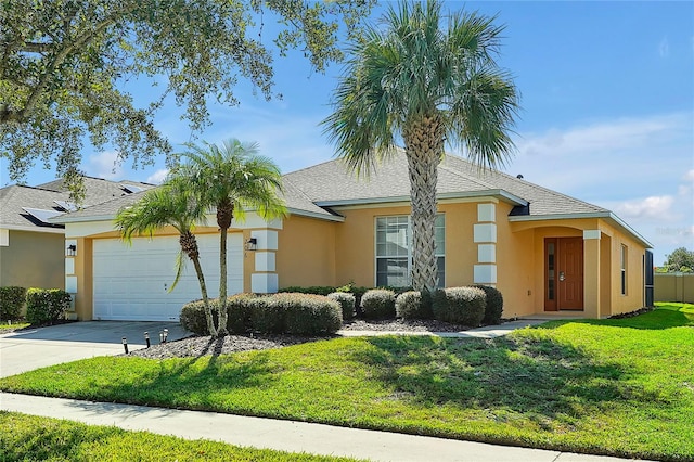 ranch-style home featuring a front lawn and a garage