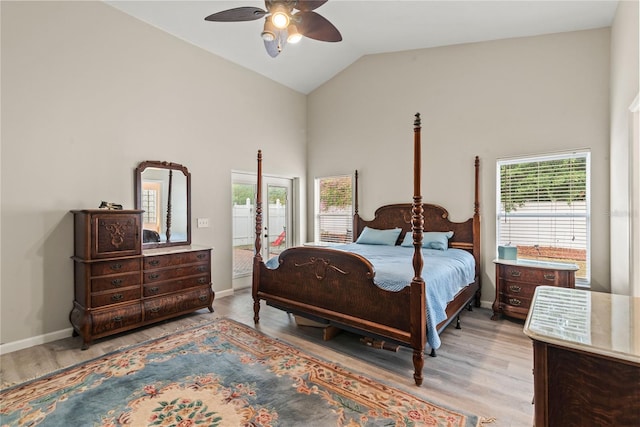 bedroom featuring high vaulted ceiling, ceiling fan, and light hardwood / wood-style flooring