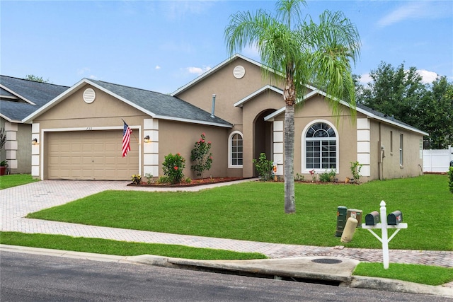 ranch-style house featuring a front yard and a garage