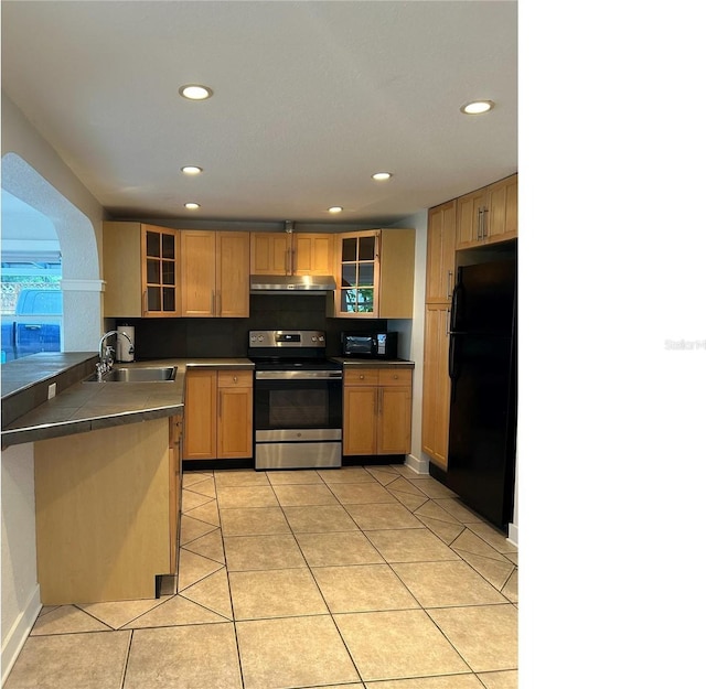 kitchen with glass insert cabinets, freestanding refrigerator, a sink, and electric range