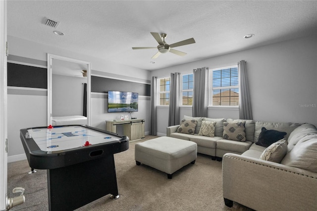 living room with carpet and a textured ceiling