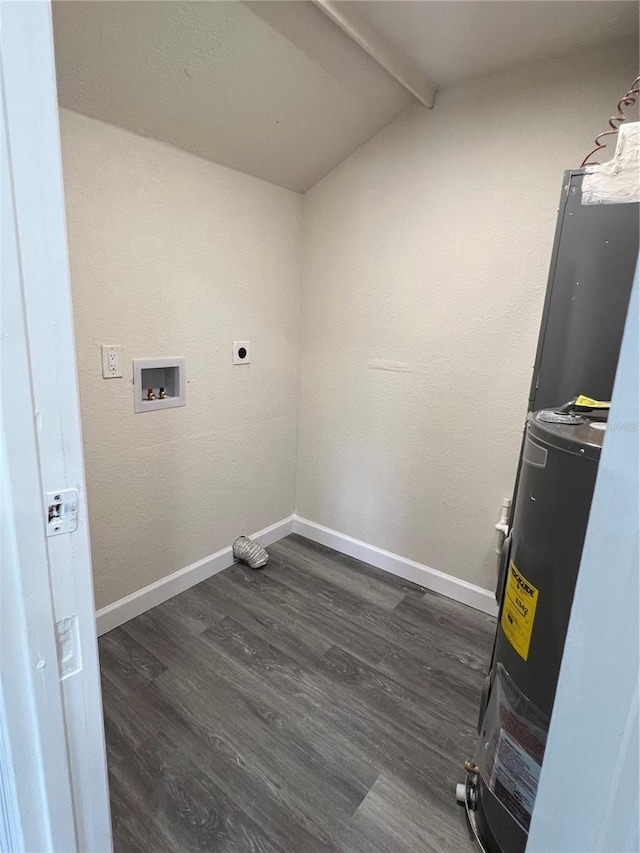 laundry room featuring laundry area, dark wood finished floors, hookup for a washing machine, water heater, and electric dryer hookup