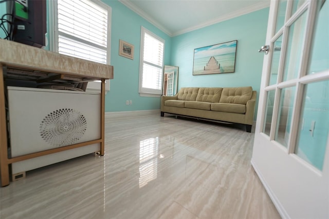 interior space with french doors and ornamental molding