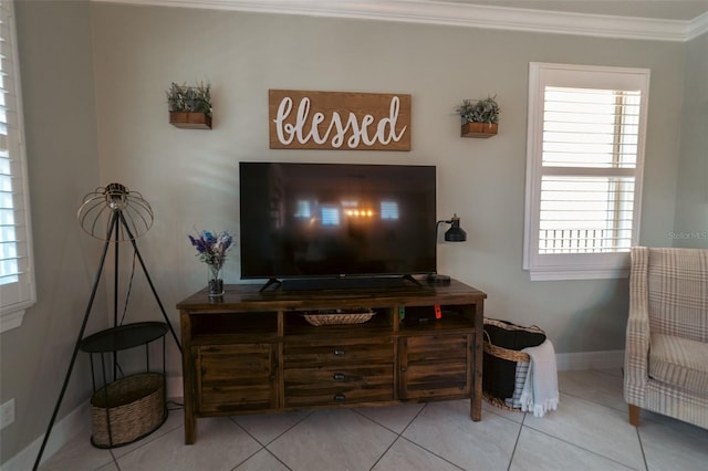 tiled living room with crown molding