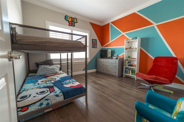 bedroom featuring dark hardwood / wood-style flooring and crown molding