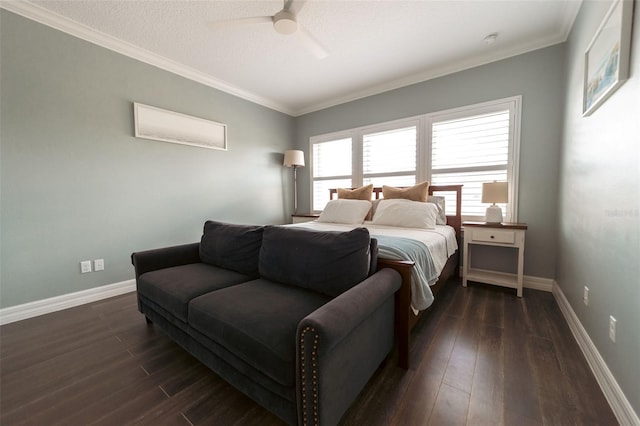 bedroom with a textured ceiling, ceiling fan, and dark wood-type flooring