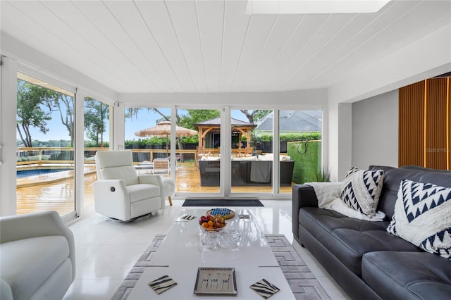 sunroom with wooden ceiling