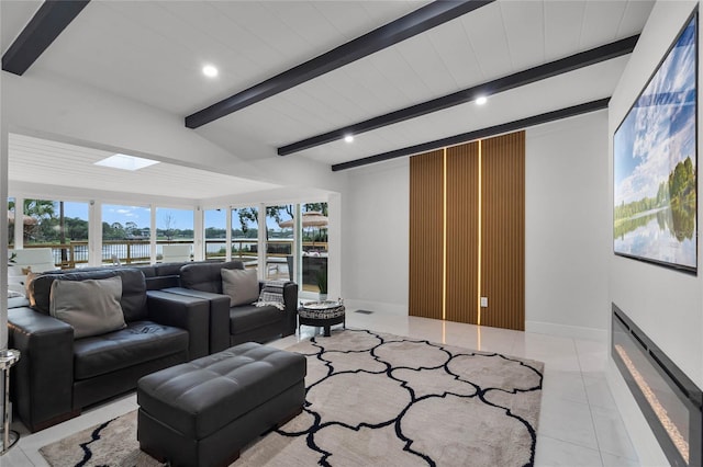 living room featuring light tile patterned floors and lofted ceiling with beams