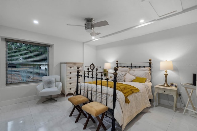 tiled bedroom with ceiling fan