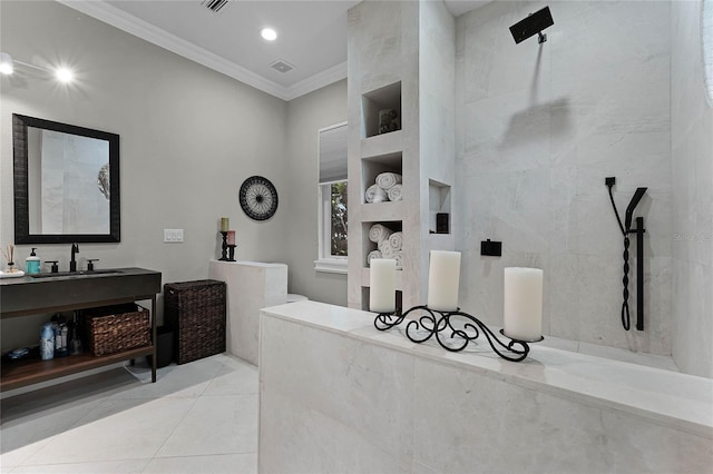 bathroom with tile patterned flooring, built in shelves, crown molding, and vanity