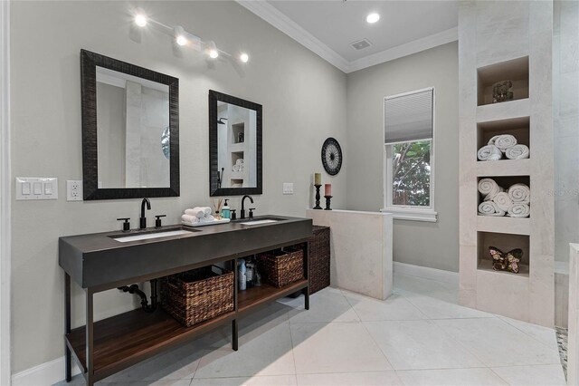 bathroom featuring built in shelves, tile patterned flooring, vanity, and ornamental molding