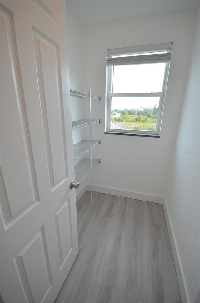 walk in closet with light wood-style floors