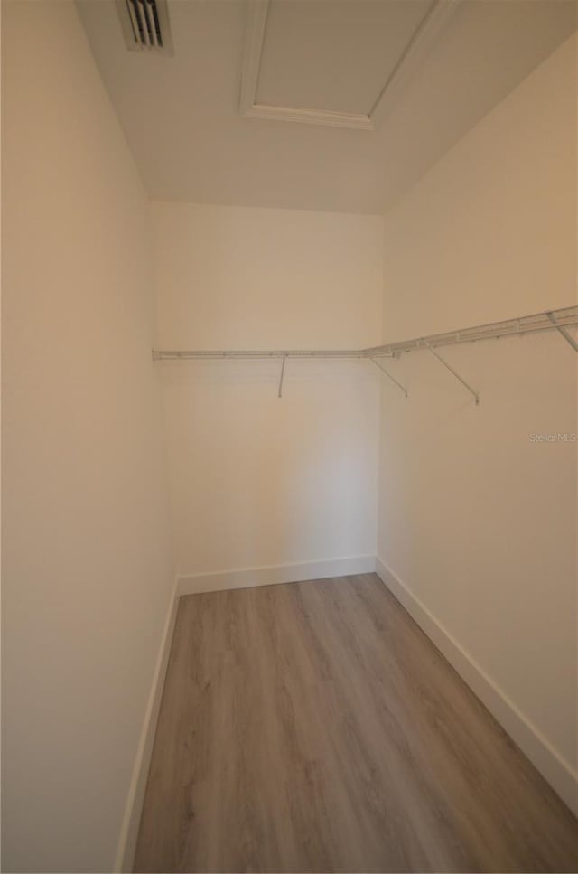 spacious closet with light wood-type flooring and visible vents