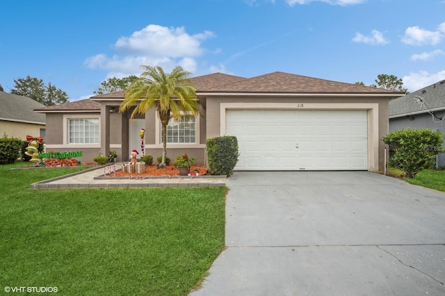 single story home with a front lawn and a garage