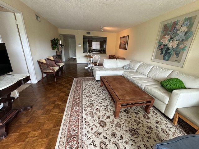 living room with dark parquet flooring and a textured ceiling