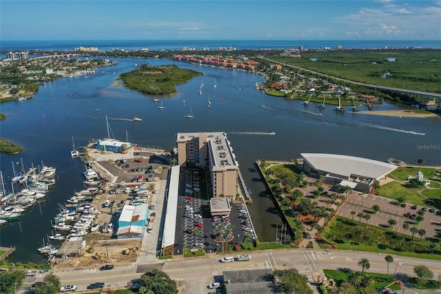 drone / aerial view featuring a water view