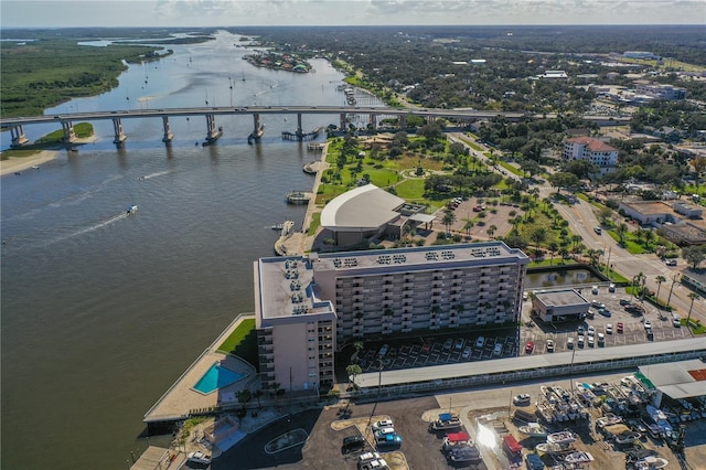 bird's eye view with a water view