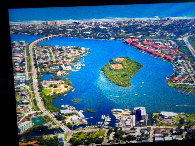 drone / aerial view with a water view