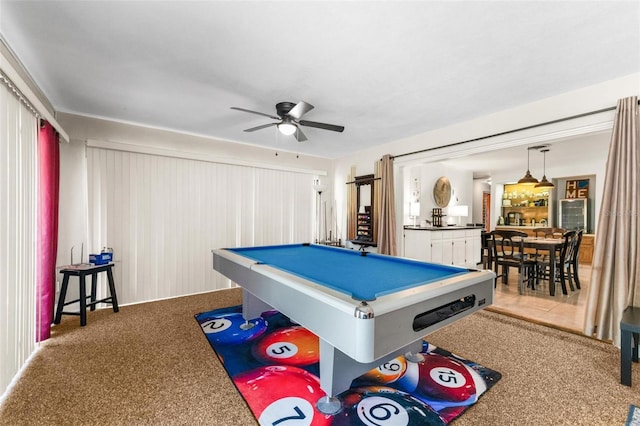 rec room with ceiling fan, carpet floors, and billiards