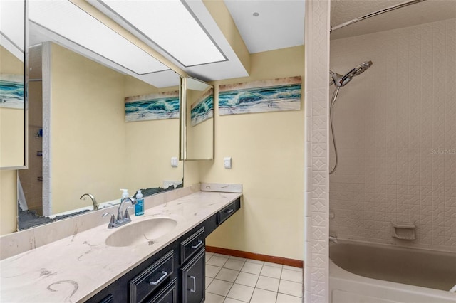 bathroom featuring tile patterned flooring, vanity, and tiled shower / bath