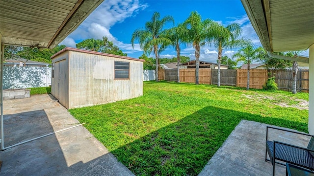 view of yard with a shed and a patio area