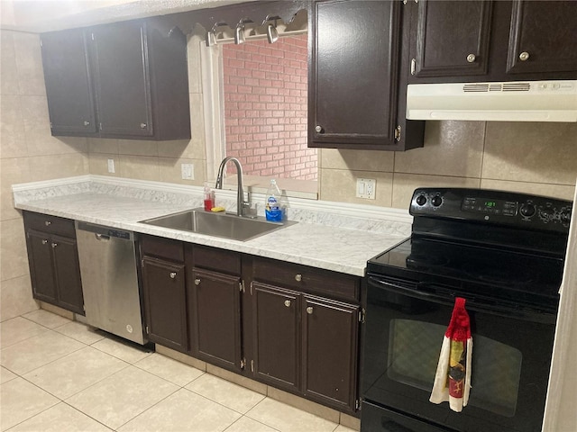 kitchen with electric range, dishwasher, dark brown cabinets, and sink