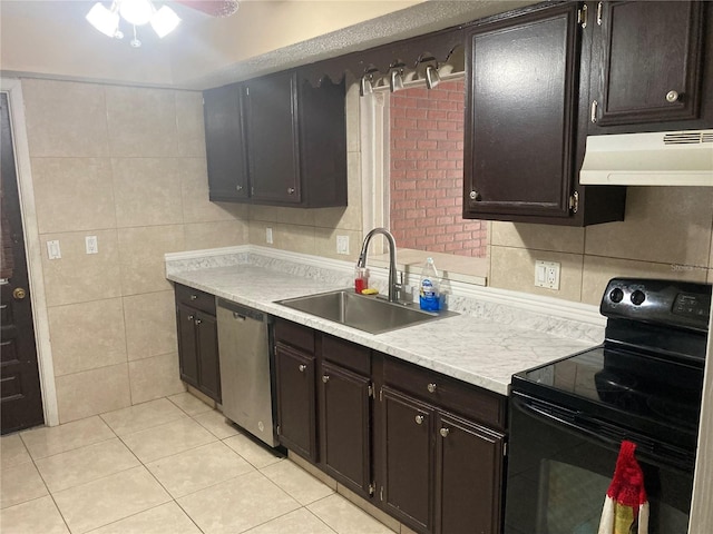 kitchen with black range with electric cooktop, ceiling fan, sink, exhaust hood, and dishwasher