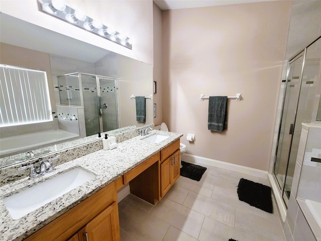 full bathroom with separate shower and tub, vanity, tile patterned flooring, and toilet