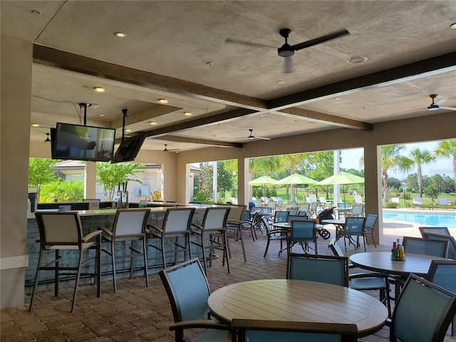 view of patio / terrace with ceiling fan and a community pool