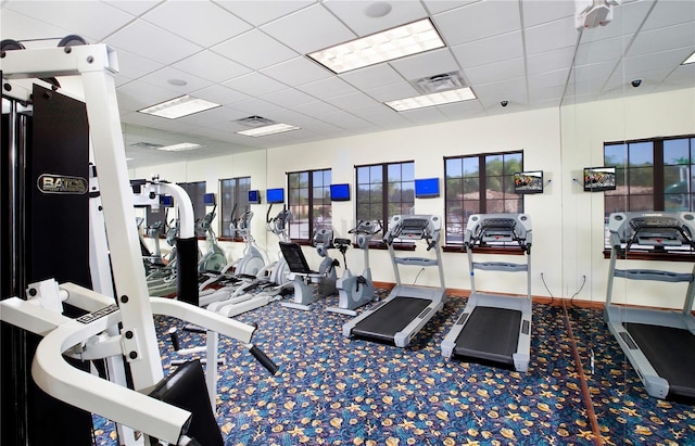 exercise room with a paneled ceiling, carpet flooring, and visible vents