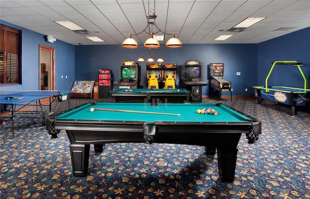 playroom with carpet flooring, baseboards, and pool table