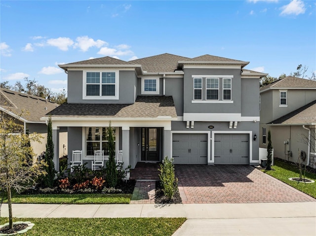 view of front of home with an attached garage, a porch, decorative driveway, and stucco siding