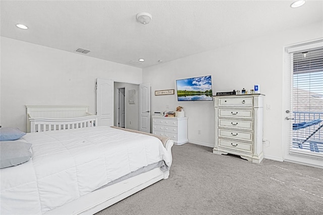 bedroom featuring carpet floors, recessed lighting, visible vents, access to outside, and baseboards