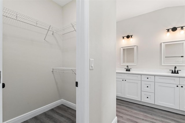 bathroom with vanity and hardwood / wood-style floors