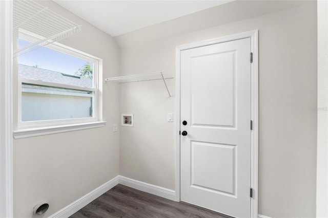 laundry room with dark hardwood / wood-style flooring and hookup for a washing machine