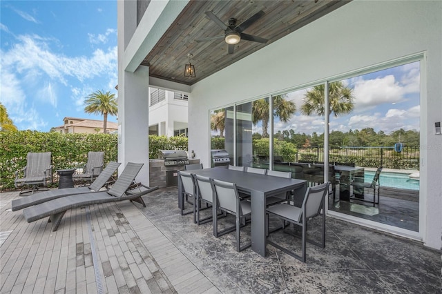 view of patio with an outdoor kitchen, a fenced in pool, ceiling fan, and a grill