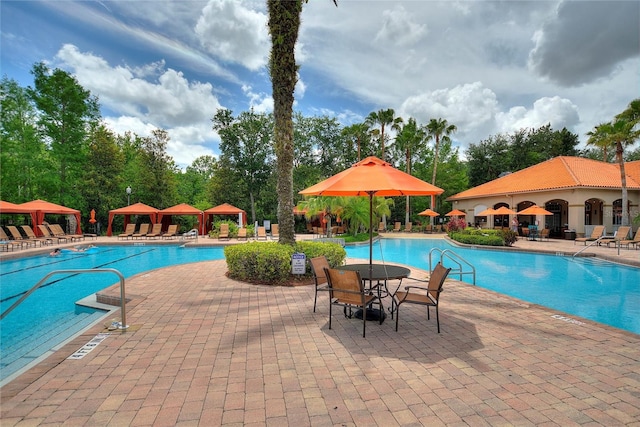 view of pool with a patio and a gazebo