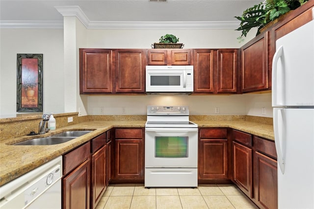 kitchen with light stone countertops, ornamental molding, white appliances, sink, and light tile floors