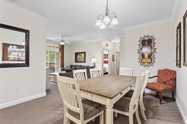 dining area featuring crown molding, carpet, and ceiling fan with notable chandelier