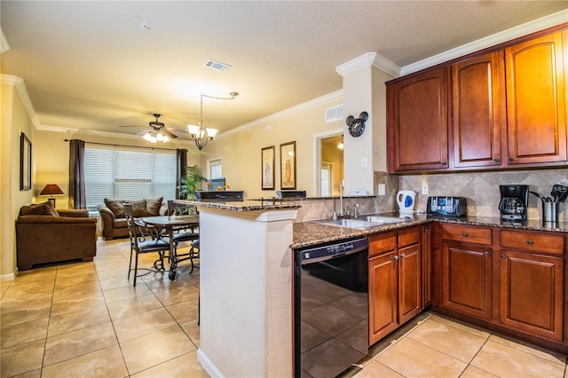 kitchen with dark stone countertops, black dishwasher, ceiling fan with notable chandelier, tasteful backsplash, and kitchen peninsula