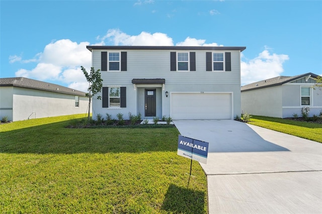 view of front of property featuring a garage and a front lawn