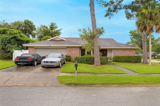 ranch-style house with a garage and a front lawn