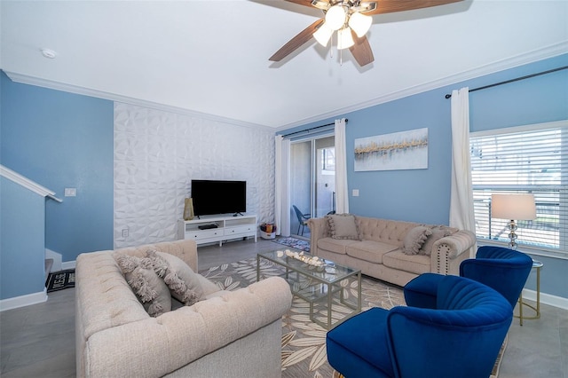 tiled living room with crown molding and ceiling fan